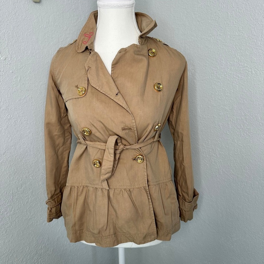 Juicy Couture Girls Trench Coast SZ 10- Tan Ruffle Hem Gold Buttons Vintage Y2K